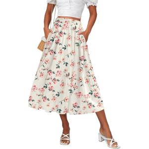 imageZeagoo Womens Midi Skirts High Waisted Pleated ALine Swing Skirts Summer Floral Long Skirts with PocketsPink Floral Apricot Print