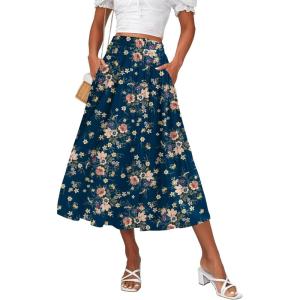 imageZeagoo Womens Midi Skirts High Waisted Pleated ALine Swing Skirts Summer Floral Long Skirts with PocketsPink Floral Navy Print
