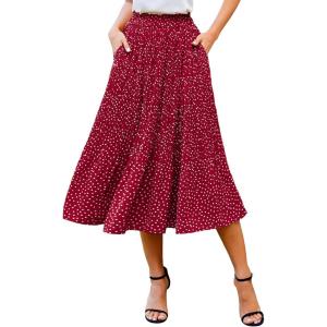 imageZeagoo Womens Midi Skirts High Waisted Pleated ALine Swing Skirts Summer Floral Long Skirts with PocketsRed Round Dot
