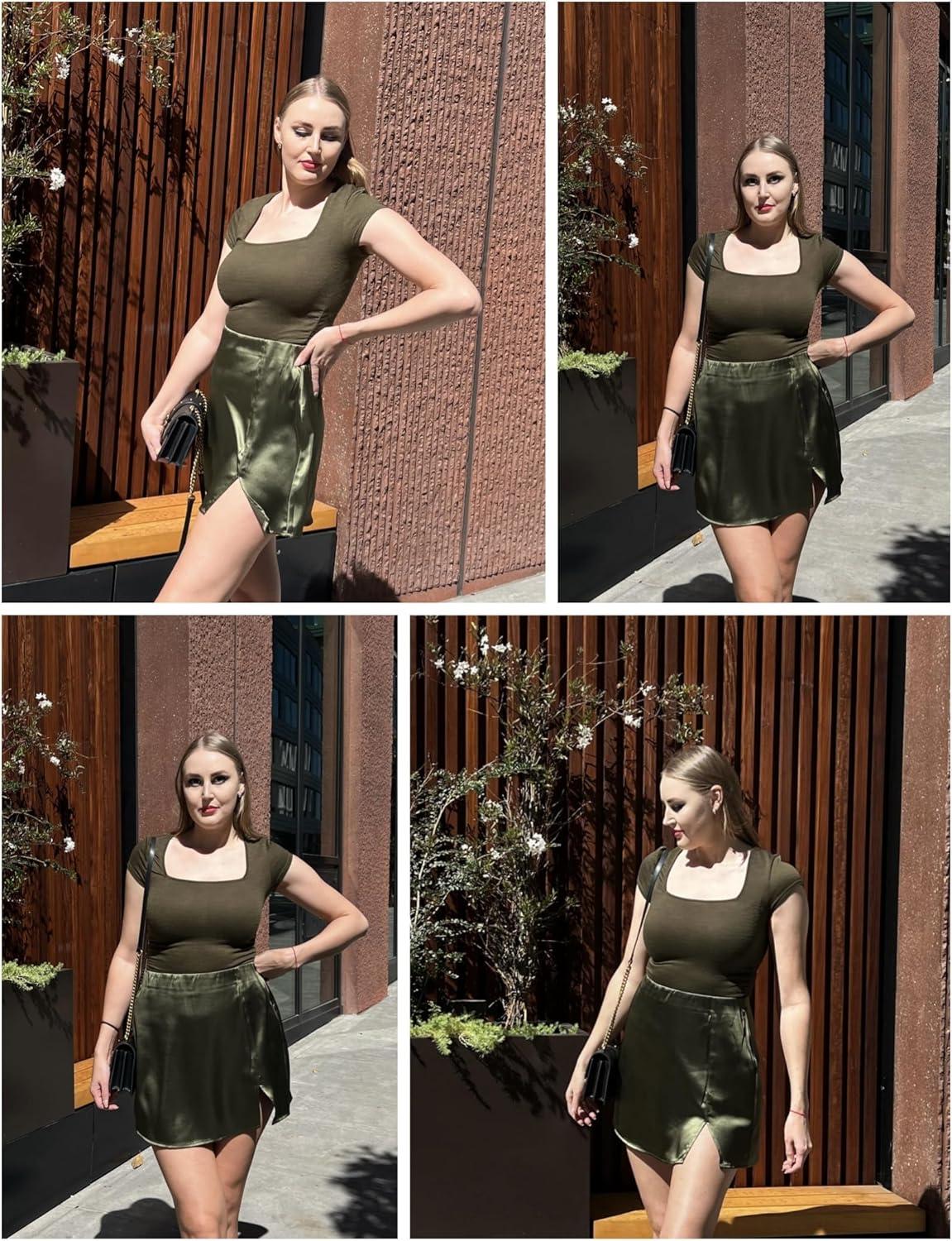 imageZeagoo Mini Skirts for Women Satin Silk High Waisted Sexy Split Slit Hem Aline Zipper Party Short SkirtArmy Green