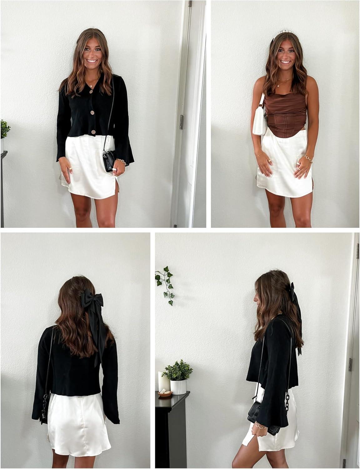 imageZeagoo Mini Skirts for Women Satin Silk High Waisted Sexy Split Slit Hem Aline Zipper Party Short SkirtChampagne