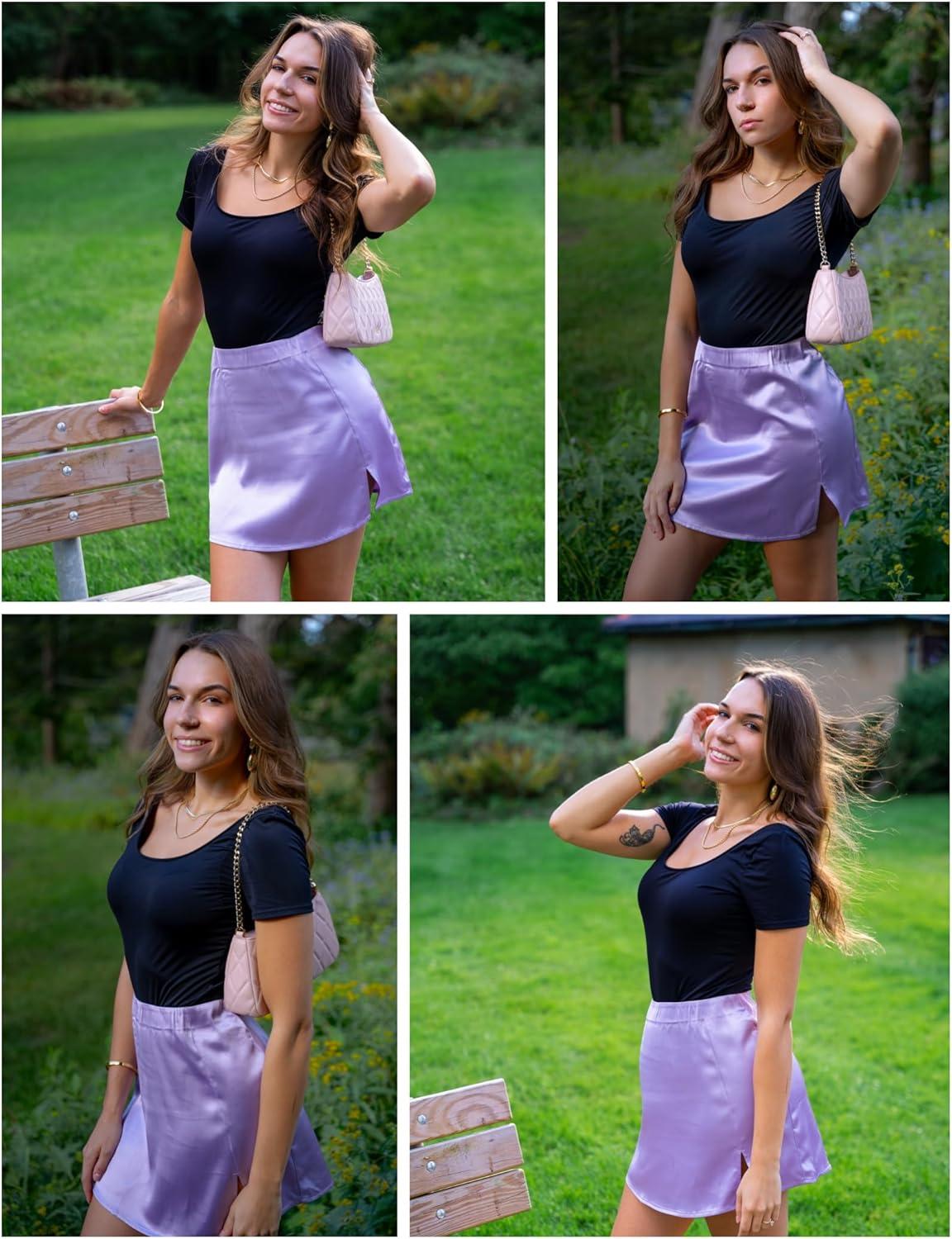 imageZeagoo Mini Skirts for Women Satin Silk High Waisted Sexy Split Slit Hem Aline Zipper Party Short SkirtPurple