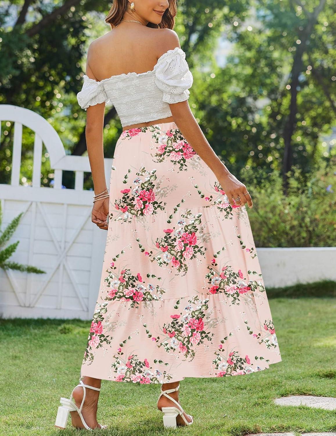 imageZeagoo Skirts for Women Summer Boho Casual Maxi Flowy Elastic High Waist ALine Tiered Swing Floral Long Skirts with PocketsBeige Floral