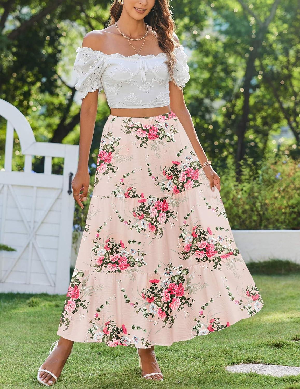 imageZeagoo Skirts for Women Summer Boho Casual Maxi Flowy Elastic High Waist ALine Tiered Swing Floral Long Skirts with PocketsBeige Floral