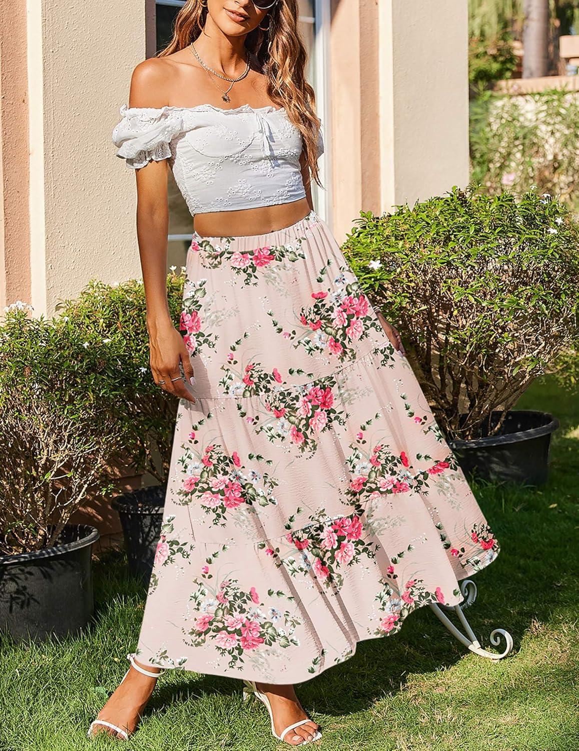 imageZeagoo Skirts for Women Summer Boho Casual Maxi Flowy Elastic High Waist ALine Tiered Swing Floral Long Skirts with PocketsBeige Floral