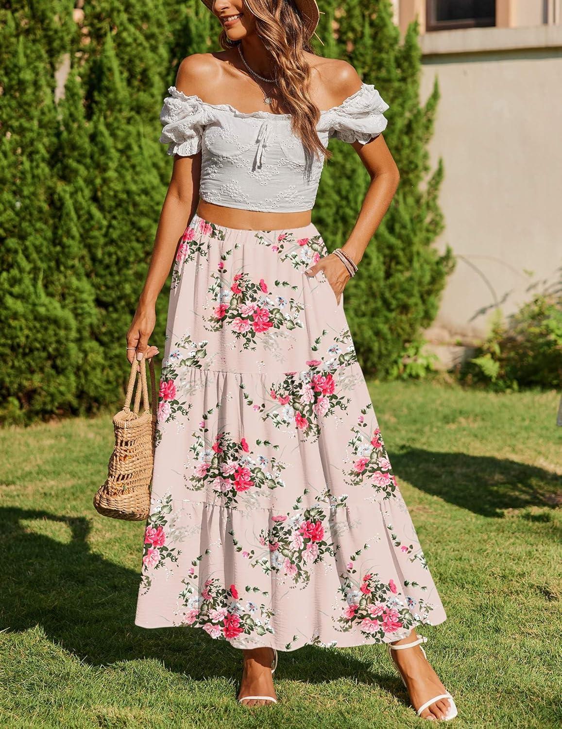 imageZeagoo Skirts for Women Summer Boho Casual Maxi Flowy Elastic High Waist ALine Tiered Swing Floral Long Skirts with PocketsBeige Floral