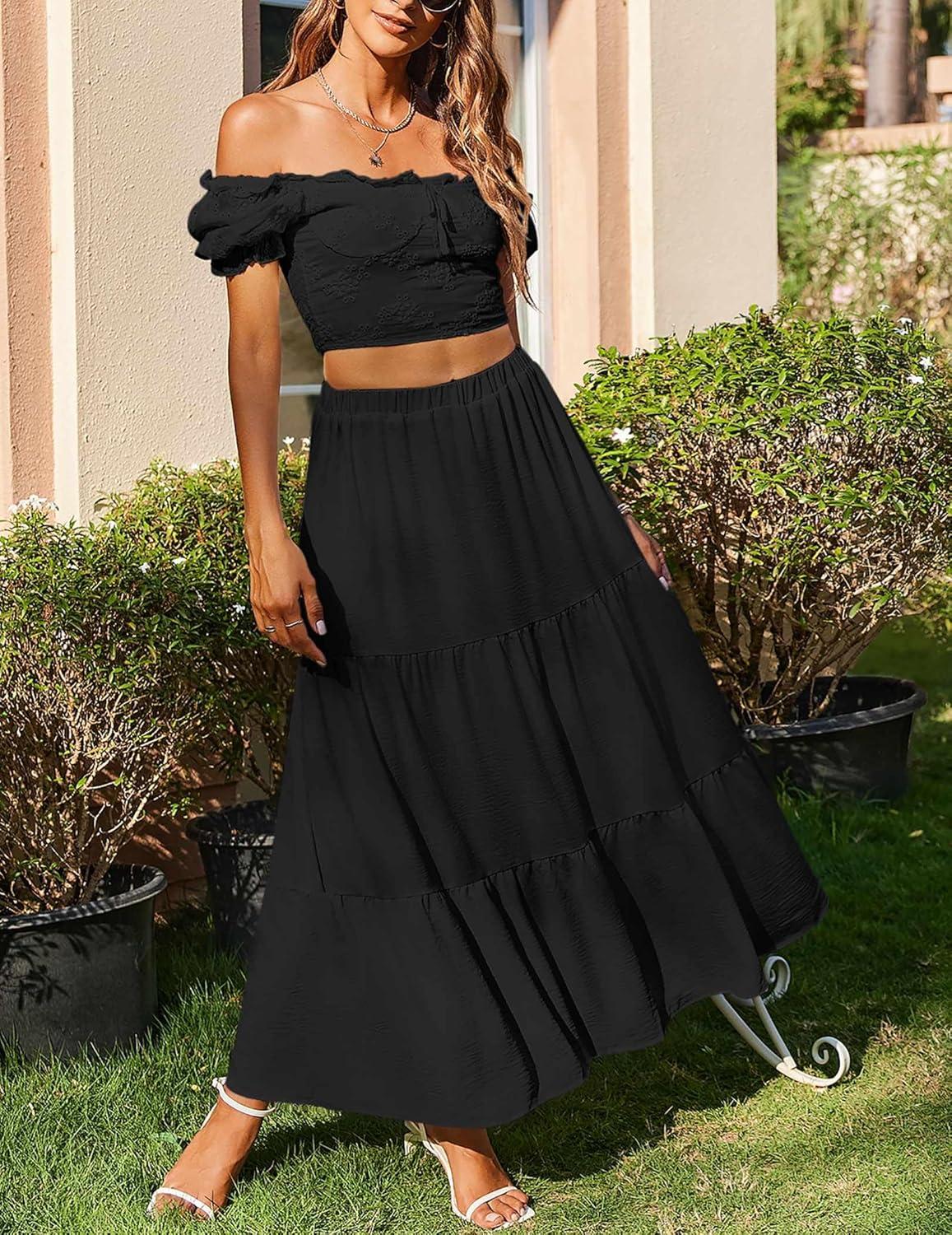 imageZeagoo Skirts for Women Summer Boho Casual Maxi Flowy Elastic High Waist ALine Tiered Swing Floral Long Skirts with PocketsBlack