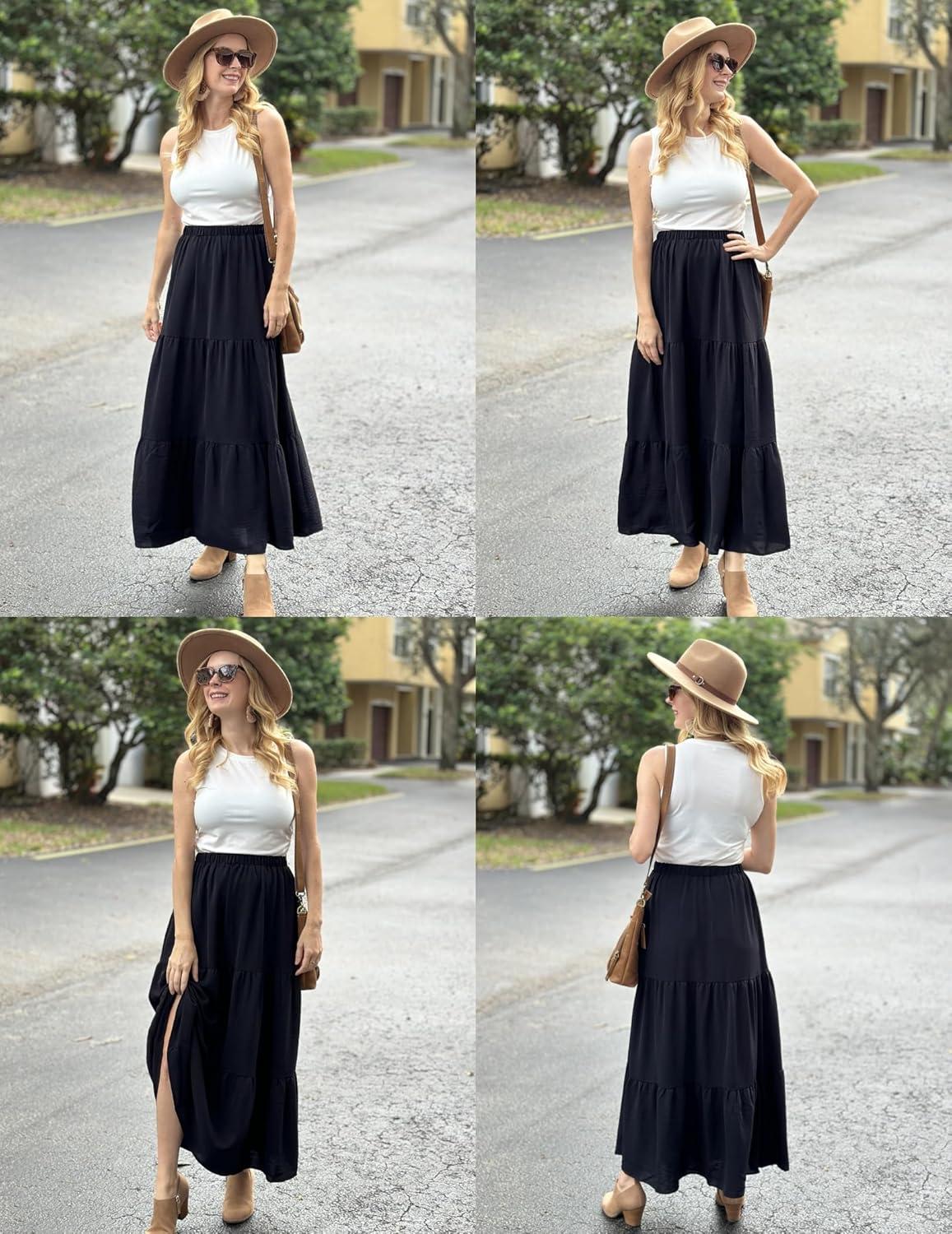 imageZeagoo Skirts for Women Summer Boho Casual Maxi Flowy Elastic High Waist ALine Tiered Swing Floral Long Skirts with PocketsBlack
