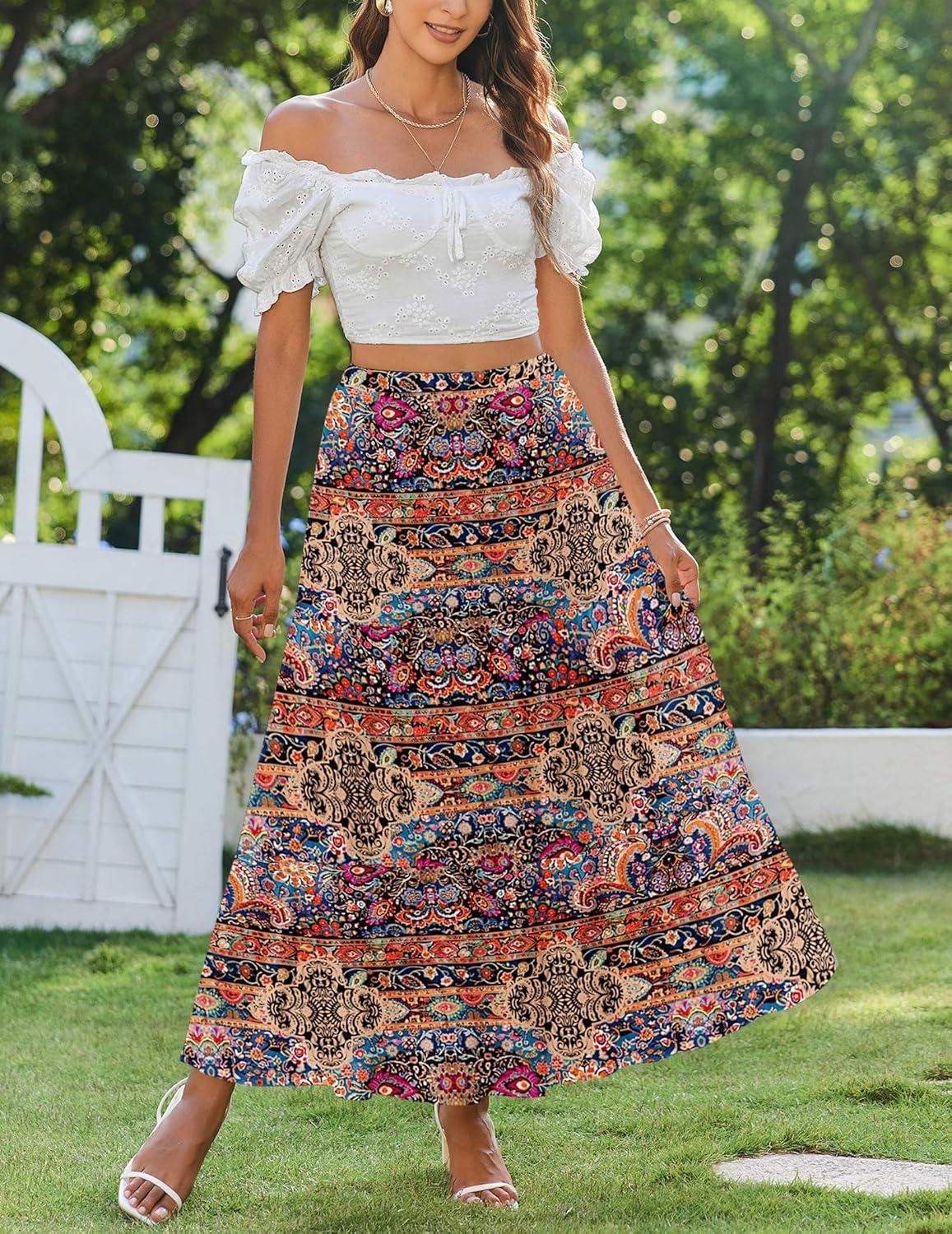 imageZeagoo Skirts for Women Summer Boho Casual Maxi Flowy Elastic High Waist ALine Tiered Swing Floral Long Skirts with PocketsMulticoloured