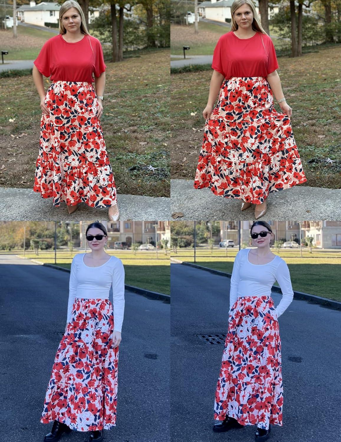 imageZeagoo Skirts for Women Summer Boho Casual Maxi Flowy Elastic High Waist ALine Tiered Swing Floral Long Skirts with PocketsRed Floral