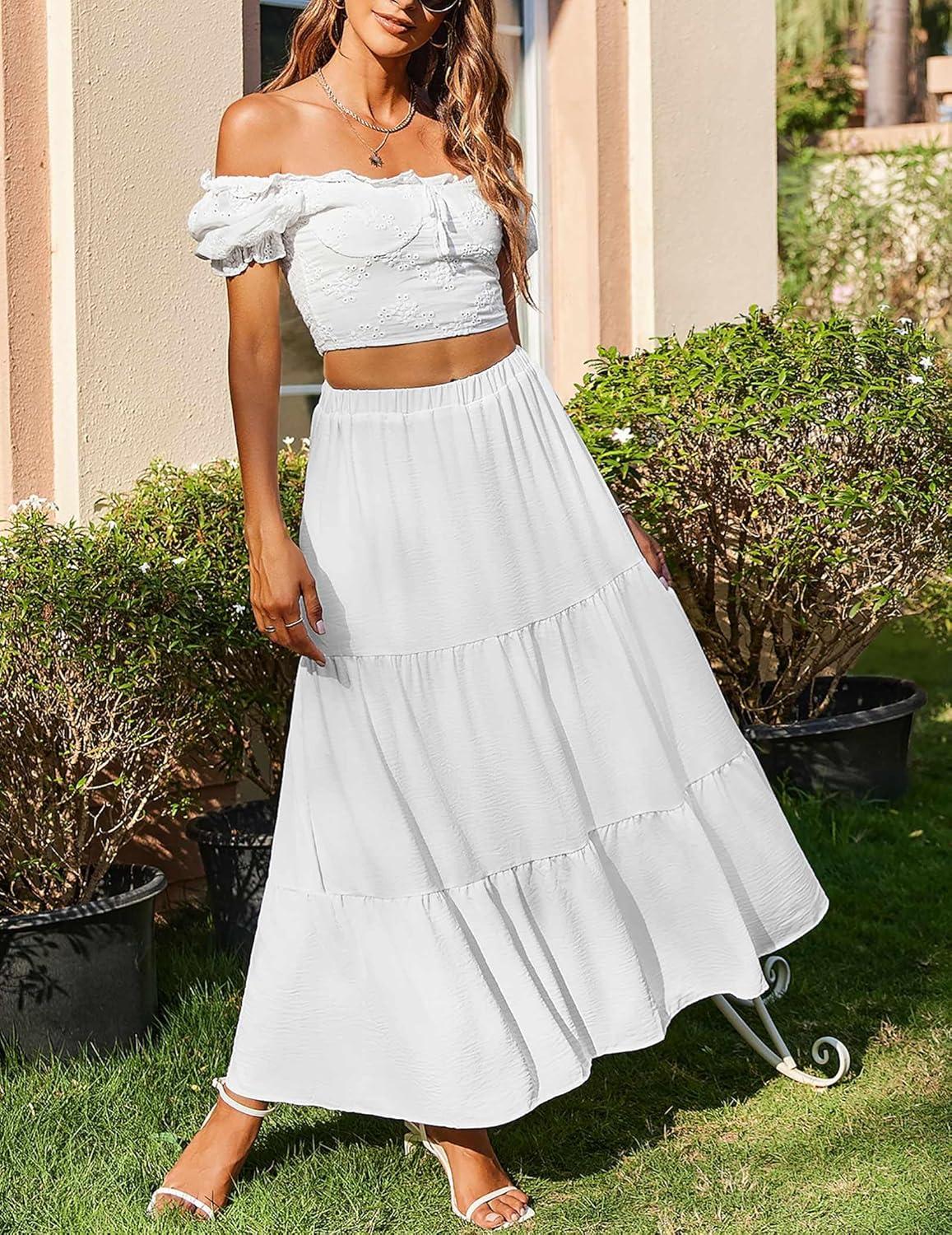 imageZeagoo Skirts for Women Summer Boho Casual Maxi Flowy Elastic High Waist ALine Tiered Swing Floral Long Skirts with PocketsWhite