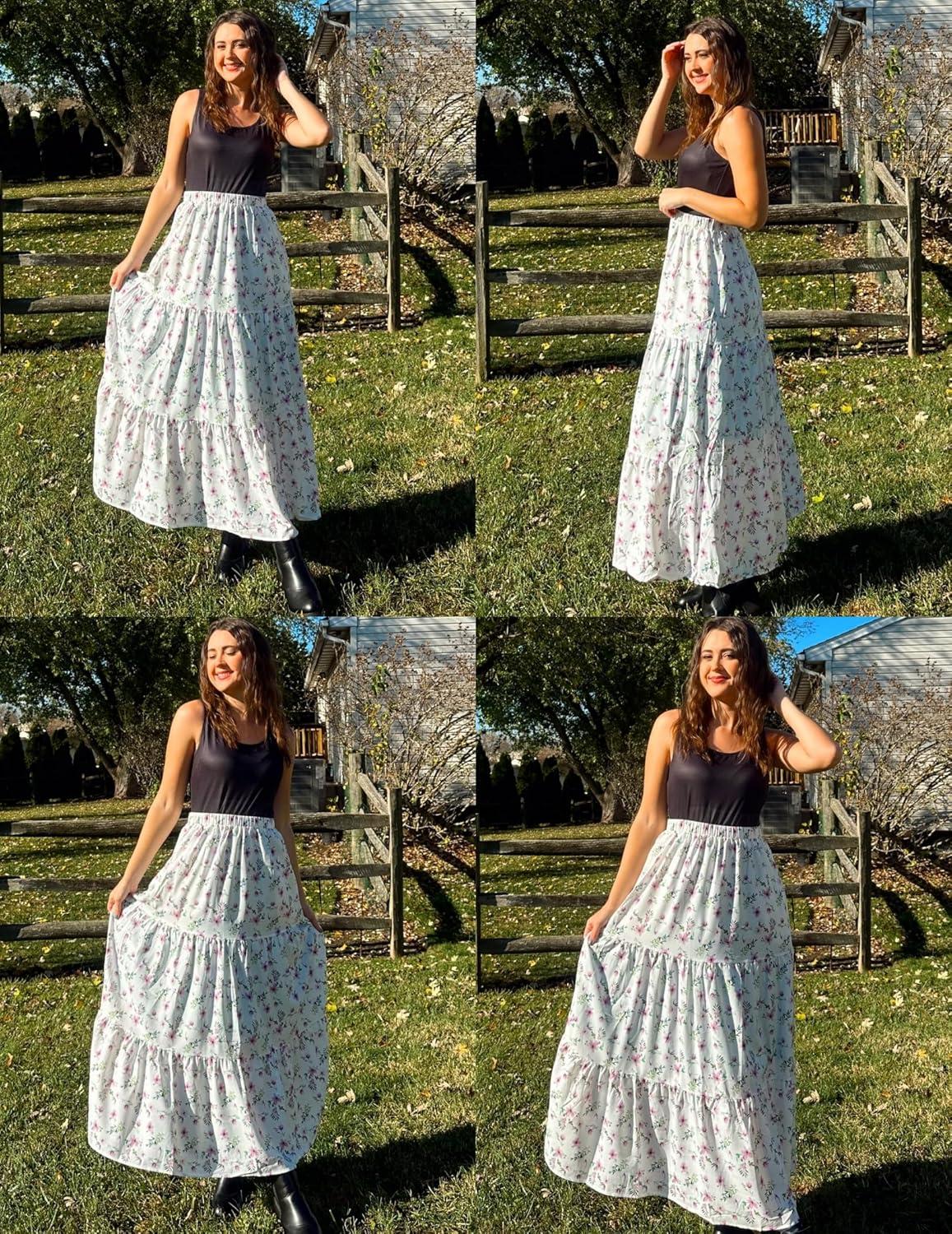 imageZeagoo Skirts for Women Summer Boho Casual Maxi Flowy Elastic High Waist ALine Tiered Swing Floral Long Skirts with PocketsWhite Floral