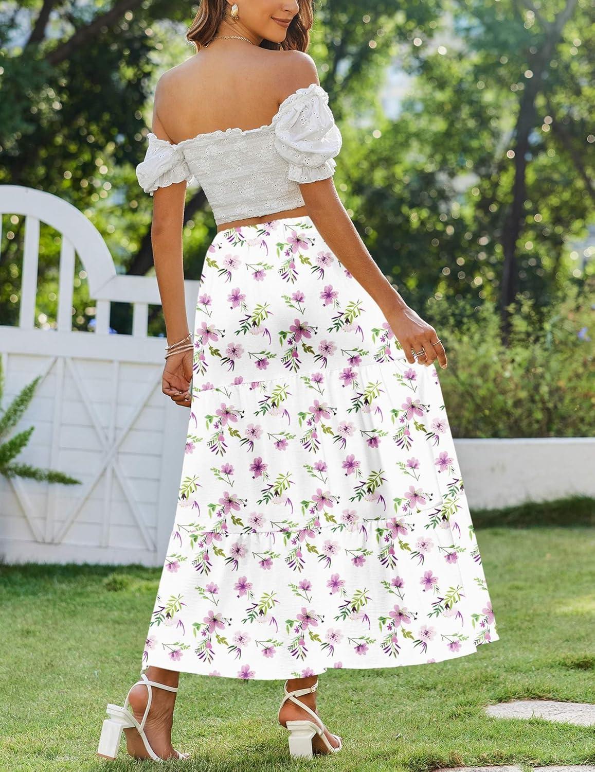 imageZeagoo Skirts for Women Summer Boho Casual Maxi Flowy Elastic High Waist ALine Tiered Swing Floral Long Skirts with PocketsWhite Floral