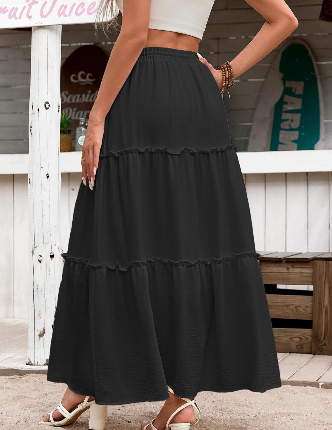 imageZeagoo Womens Casual Maxi Skirts for Women 2025 High Waist Boho Skirts Floral Printed Long Flowy Skirt with PocketsBlack