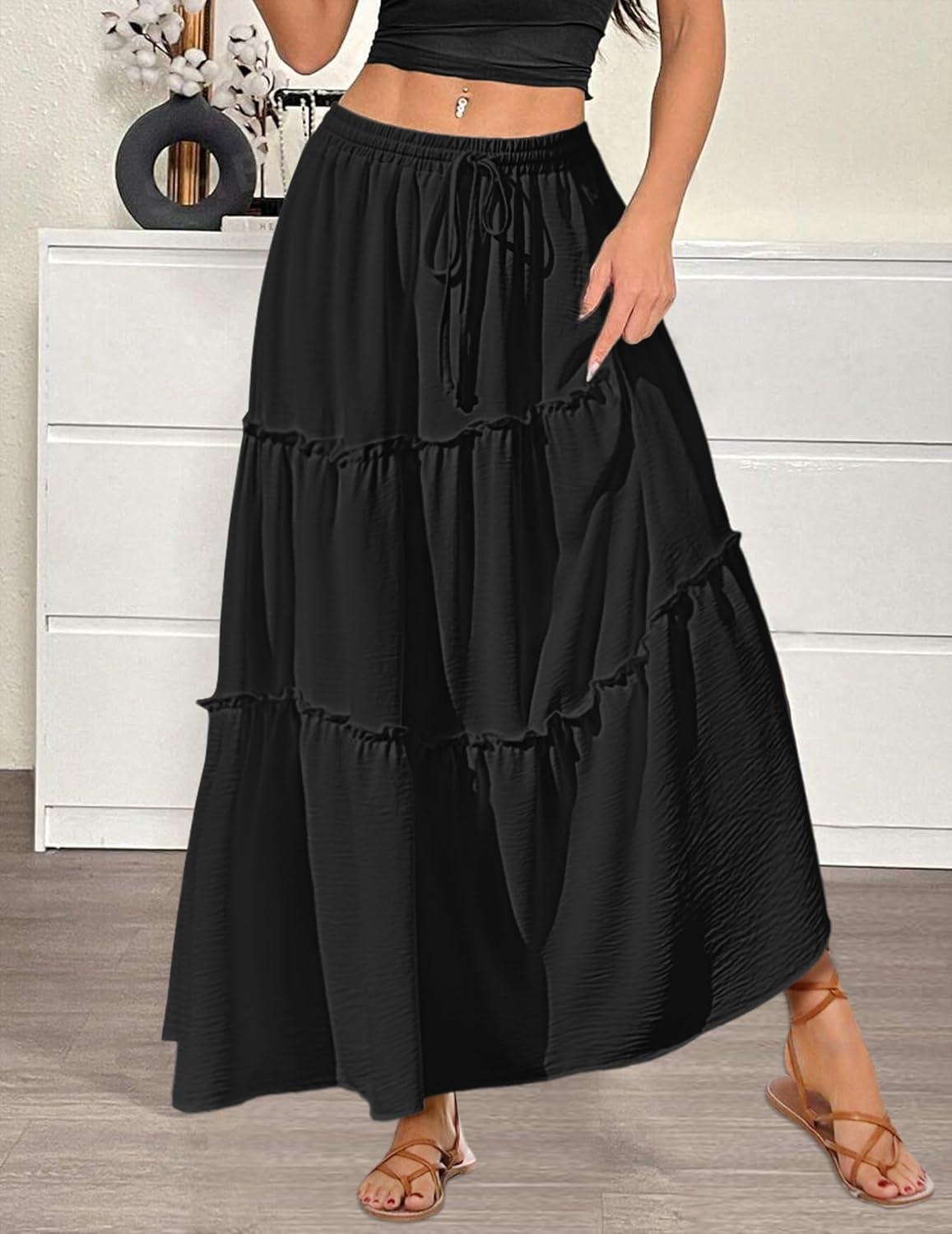 imageZeagoo Womens Casual Maxi Skirts for Women 2025 High Waist Boho Skirts Floral Printed Long Flowy Skirt with PocketsBlack