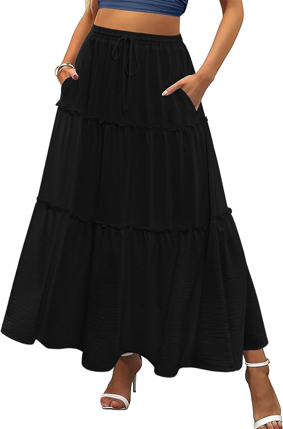 imageZeagoo Womens Casual Maxi Skirts for Women 2025 High Waist Boho Skirts Floral Printed Long Flowy Skirt with PocketsBlack