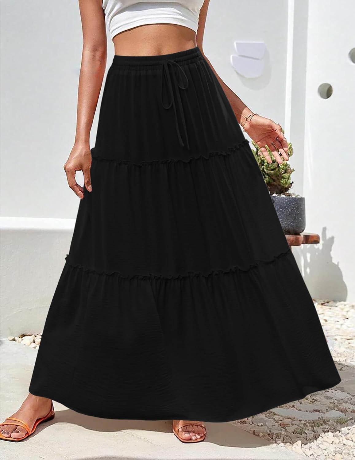 imageZeagoo Womens Casual Maxi Skirts for Women 2025 High Waist Boho Skirts Floral Printed Long Flowy Skirt with PocketsBlack