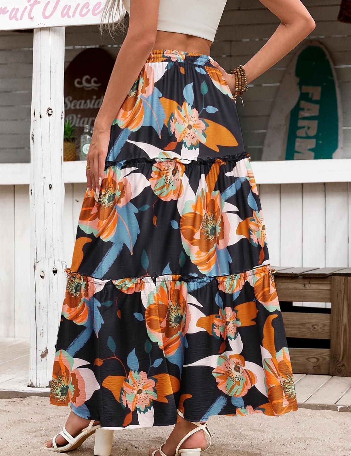 imageZeagoo Womens Casual Maxi Skirts for Women 2025 High Waist Boho Skirts Floral Printed Long Flowy Skirt with PocketsBlackfloralprinted