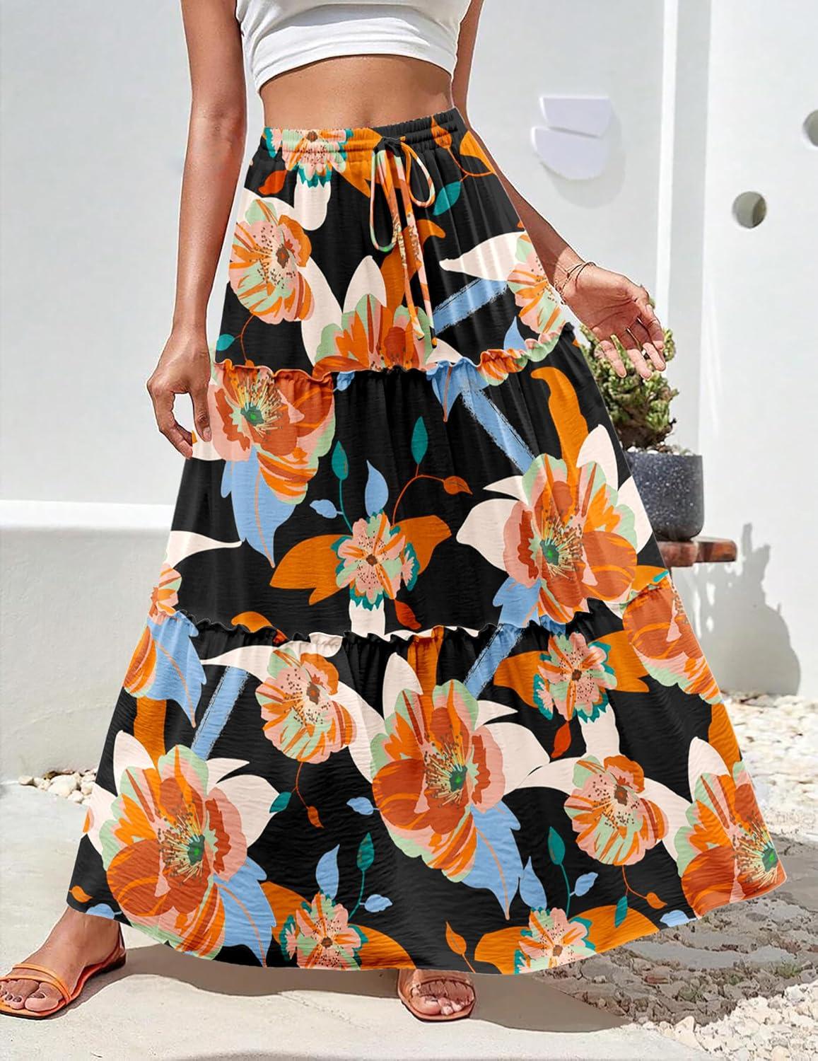 imageZeagoo Womens Casual Maxi Skirts for Women 2025 High Waist Boho Skirts Floral Printed Long Flowy Skirt with PocketsBlackfloralprinted