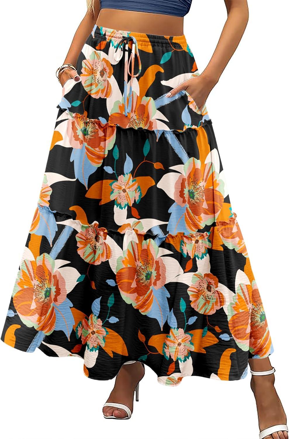 imageZeagoo Womens Casual Maxi Skirts for Women 2025 High Waist Boho Skirts Floral Printed Long Flowy Skirt with PocketsBlackfloralprinted