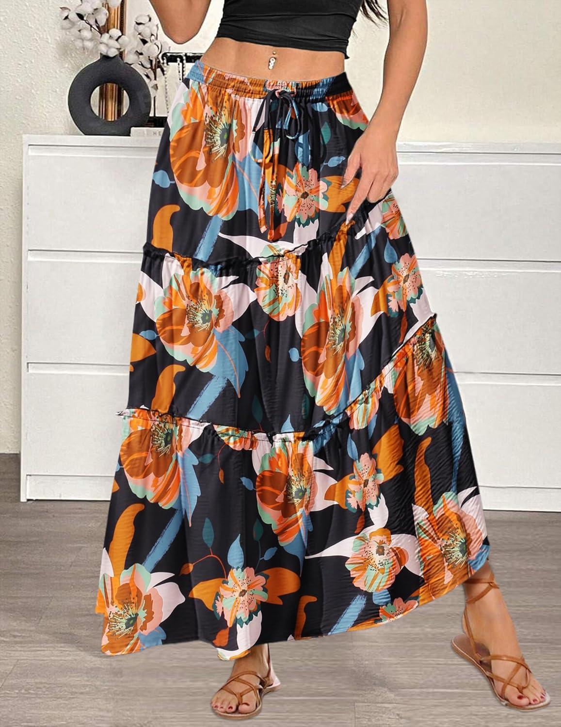 imageZeagoo Womens Casual Maxi Skirts for Women 2025 High Waist Boho Skirts Floral Printed Long Flowy Skirt with PocketsBlackfloralprinted
