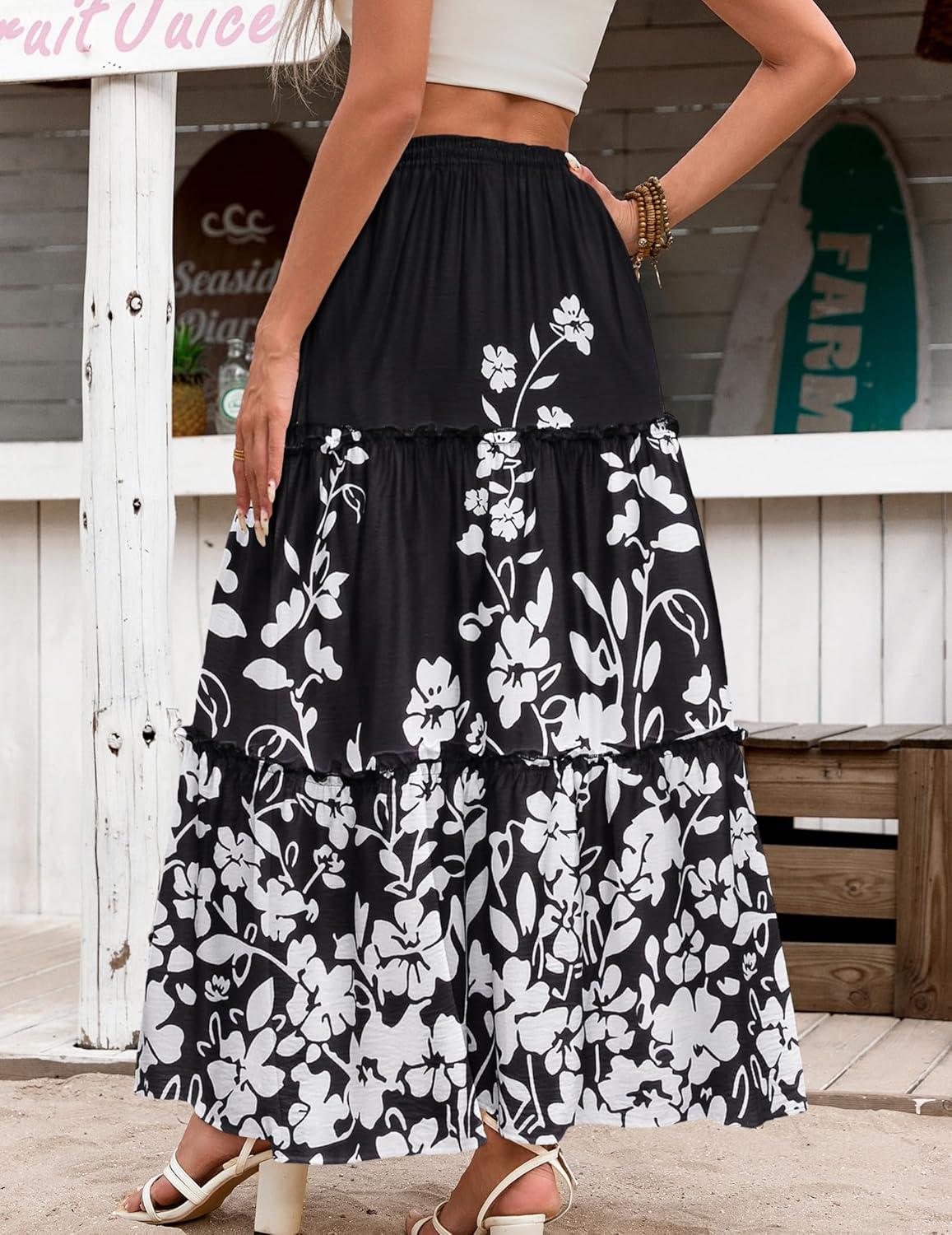 imageZeagoo Womens Casual Maxi Skirts for Women 2025 High Waist Boho Skirts Floral Printed Long Flowy Skirt with PocketsBlckprinted