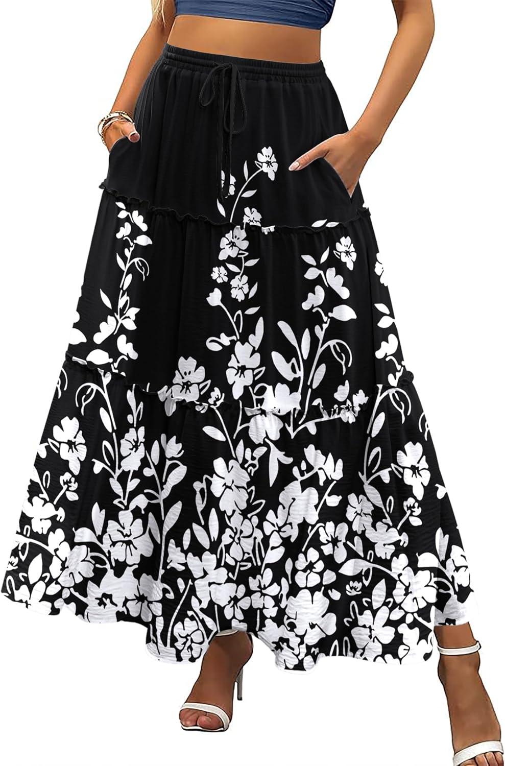 imageZeagoo Womens Casual Maxi Skirts for Women 2025 High Waist Boho Skirts Floral Printed Long Flowy Skirt with PocketsBlckprinted