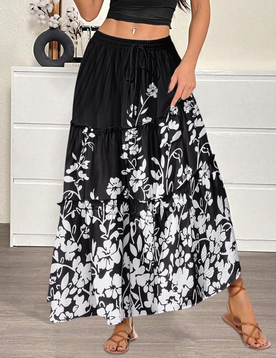 imageZeagoo Womens Casual Maxi Skirts for Women 2025 High Waist Boho Skirts Floral Printed Long Flowy Skirt with PocketsBlckprinted
