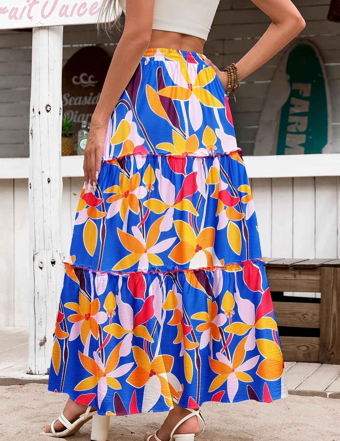 imageZeagoo Womens Casual Maxi Skirts for Women 2025 High Waist Boho Skirts Floral Printed Long Flowy Skirt with PocketsBlue Floral