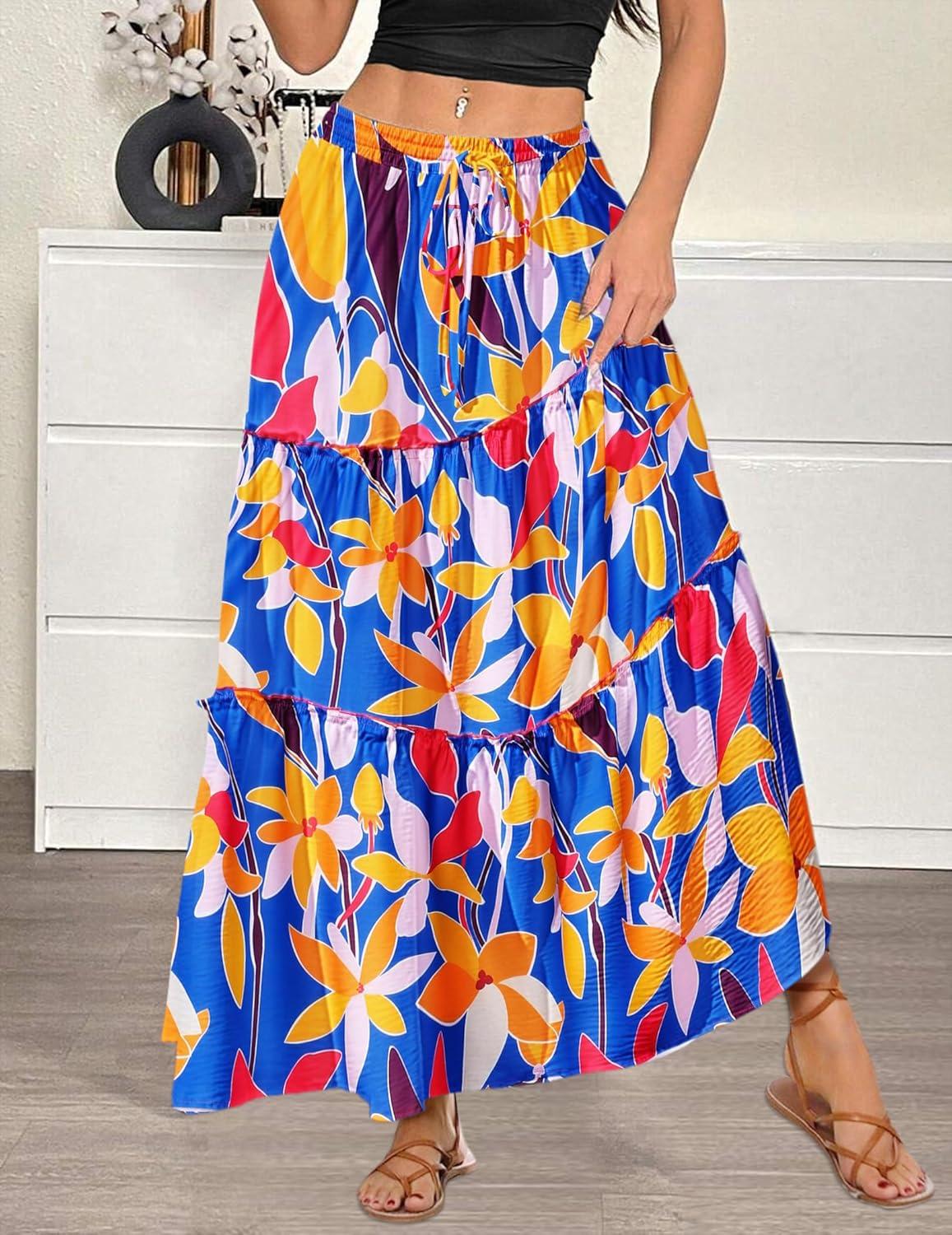 imageZeagoo Womens Casual Maxi Skirts for Women 2025 High Waist Boho Skirts Floral Printed Long Flowy Skirt with PocketsBlue Floral