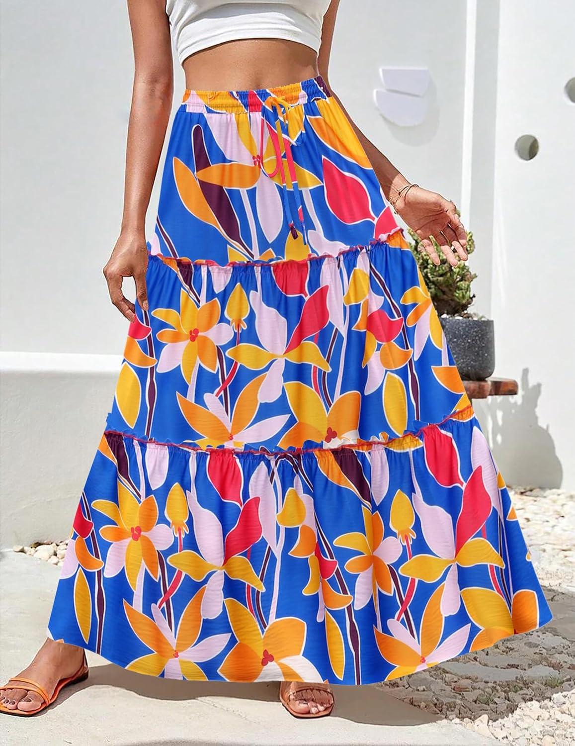 imageZeagoo Womens Casual Maxi Skirts for Women 2025 High Waist Boho Skirts Floral Printed Long Flowy Skirt with PocketsBlue Floral