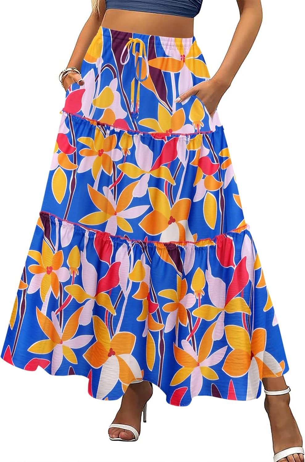 imageZeagoo Womens Casual Maxi Skirts for Women 2025 High Waist Boho Skirts Floral Printed Long Flowy Skirt with PocketsBlue Floral