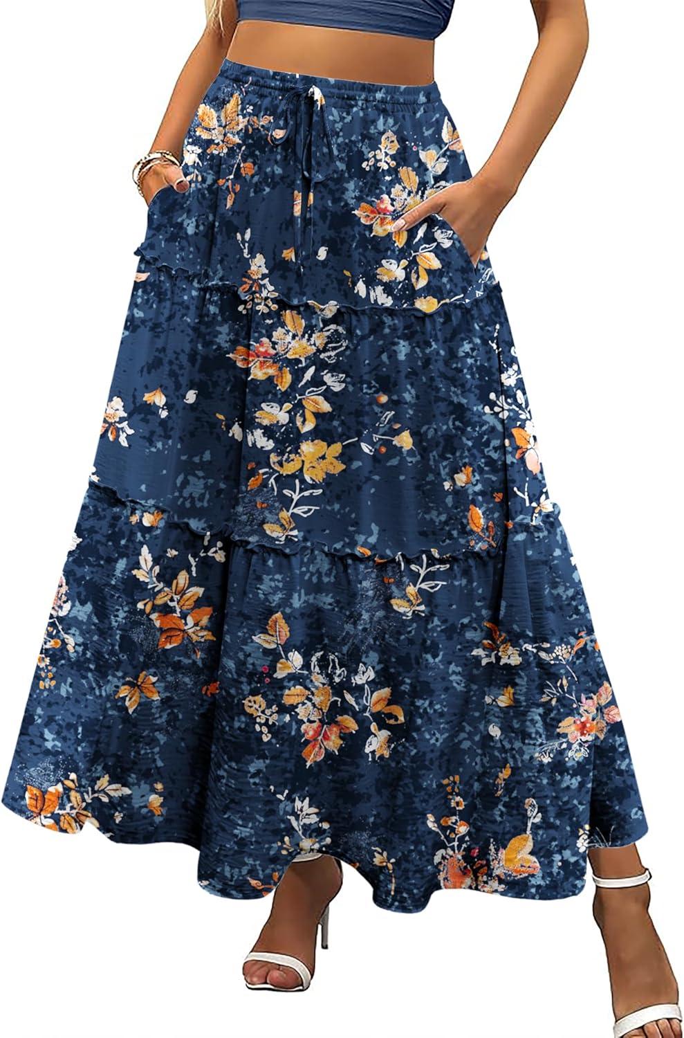 imageZeagoo Womens Casual Maxi Skirts for Women 2025 High Waist Boho Skirts Floral Printed Long Flowy Skirt with PocketsBlue Floral Printed