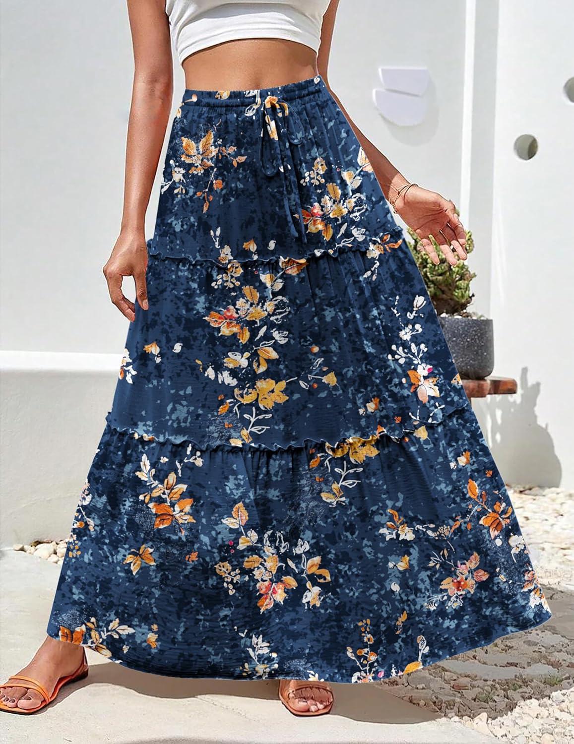 imageZeagoo Womens Casual Maxi Skirts for Women 2025 High Waist Boho Skirts Floral Printed Long Flowy Skirt with PocketsBlue Floral Printed