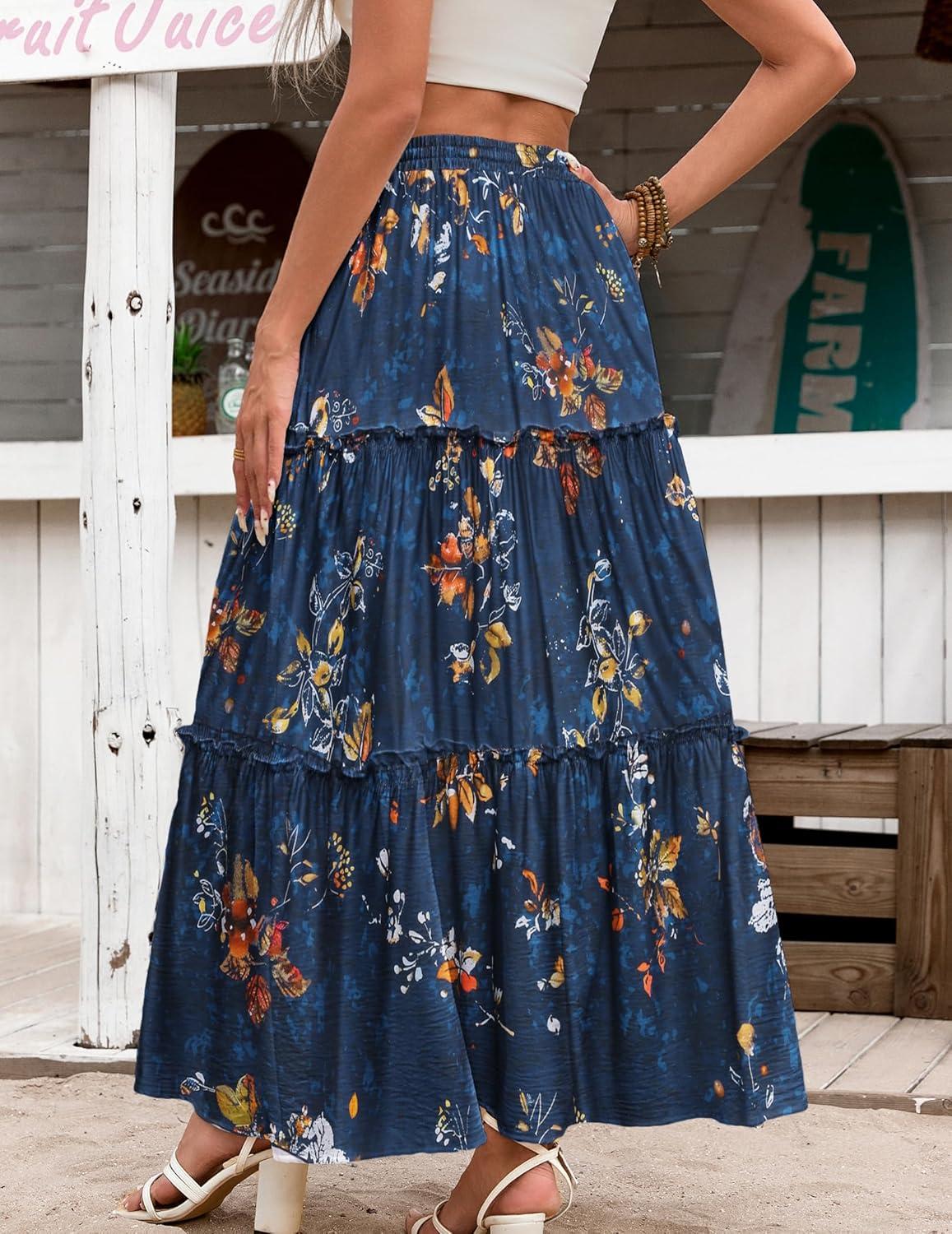imageZeagoo Womens Casual Maxi Skirts for Women 2025 High Waist Boho Skirts Floral Printed Long Flowy Skirt with PocketsBlue Floral Printed