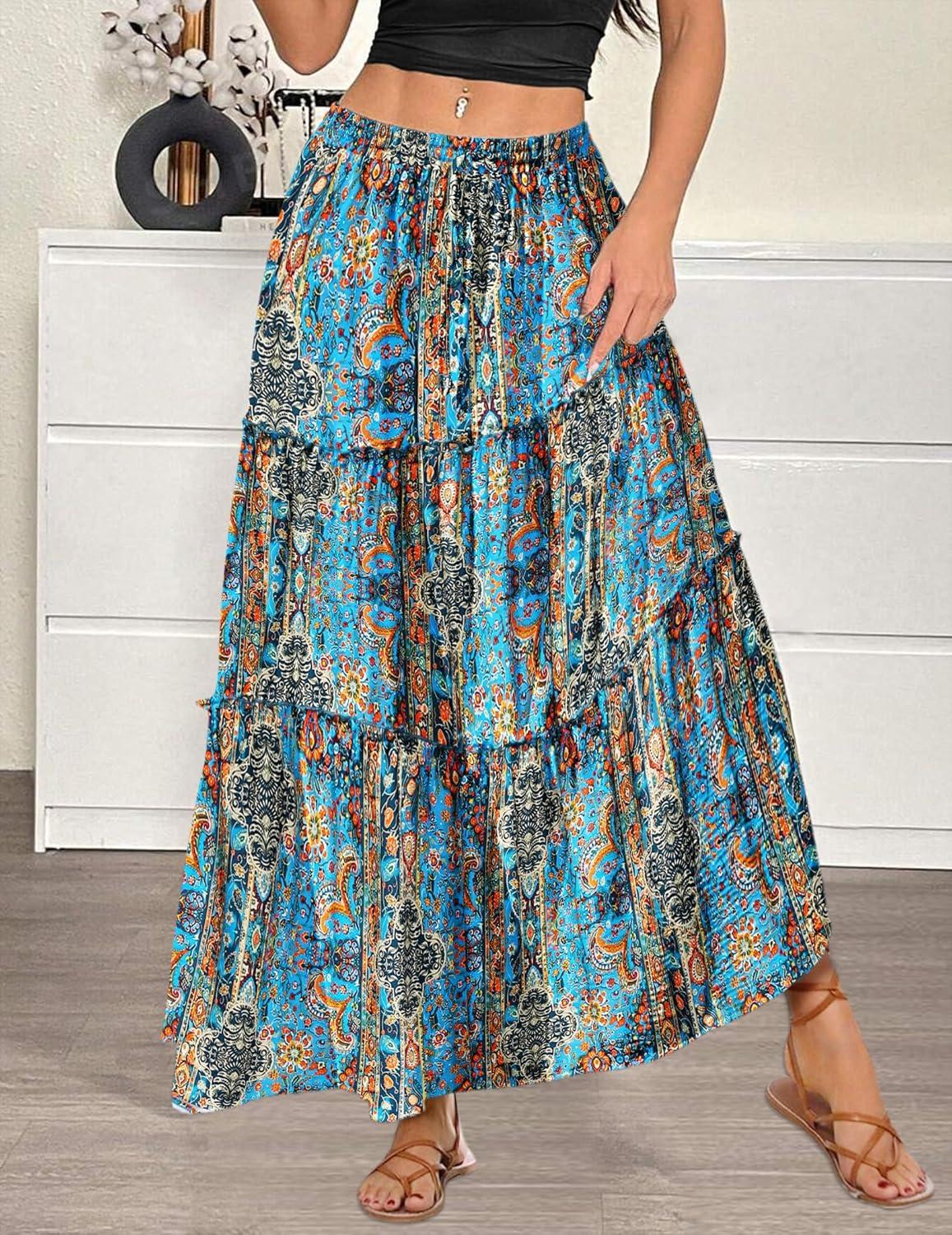 imageZeagoo Womens Casual Maxi Skirts for Women 2025 High Waist Boho Skirts Floral Printed Long Flowy Skirt with PocketsBohoprinted02