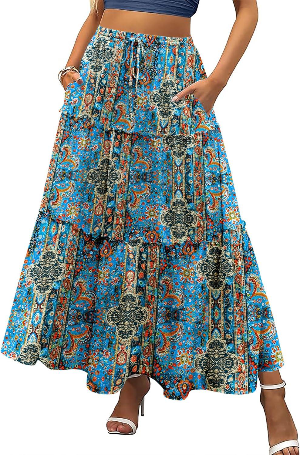 imageZeagoo Womens Casual Maxi Skirts for Women 2025 High Waist Boho Skirts Floral Printed Long Flowy Skirt with PocketsBohoprinted02