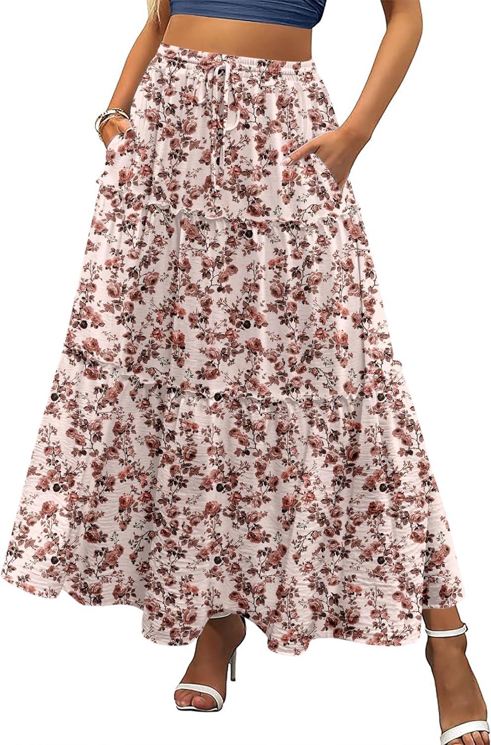 imageZeagoo Womens Casual Maxi Skirts for Women 2025 High Waist Boho Skirts Floral Printed Long Flowy Skirt with PocketsFloralprinted02