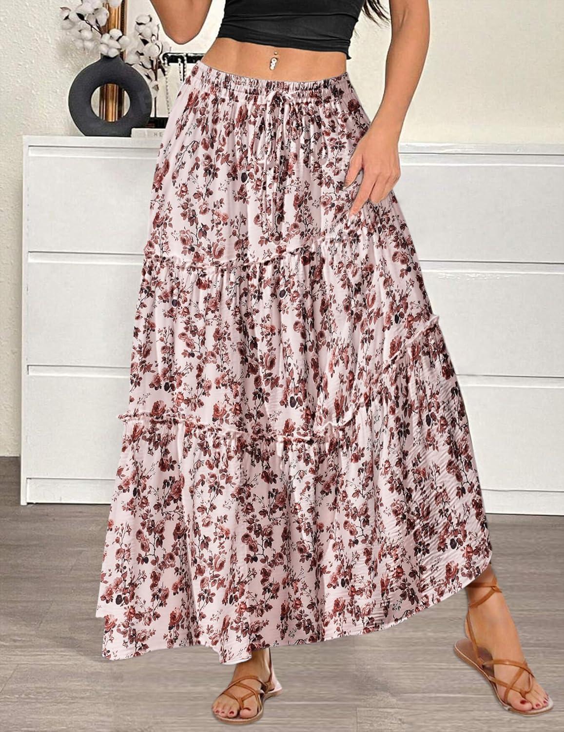 imageZeagoo Womens Casual Maxi Skirts for Women 2025 High Waist Boho Skirts Floral Printed Long Flowy Skirt with PocketsFloralprinted02