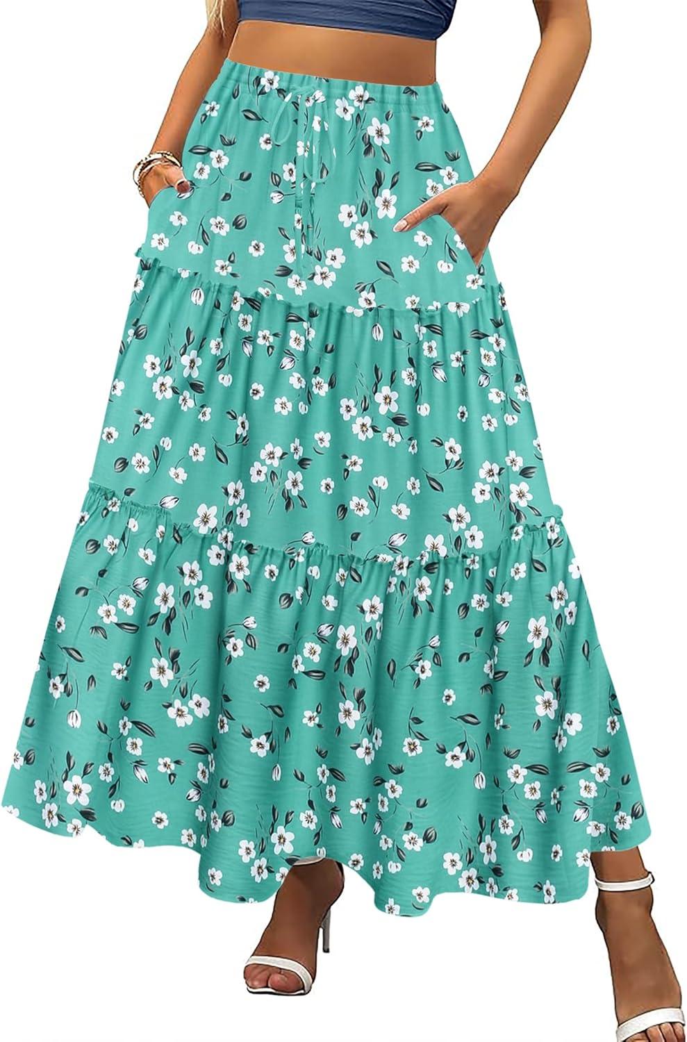 imageZeagoo Womens Casual Maxi Skirts for Women 2025 High Waist Boho Skirts Floral Printed Long Flowy Skirt with PocketsGreenfloralprinted