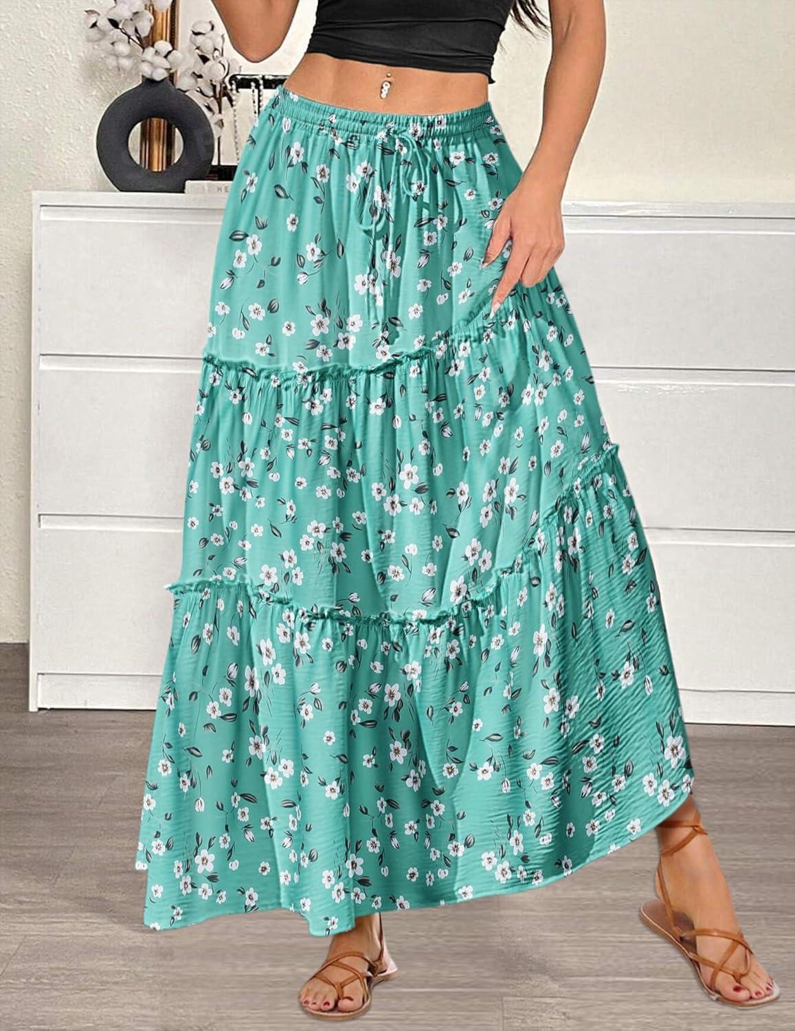 imageZeagoo Womens Casual Maxi Skirts for Women 2025 High Waist Boho Skirts Floral Printed Long Flowy Skirt with PocketsGreenfloralprinted
