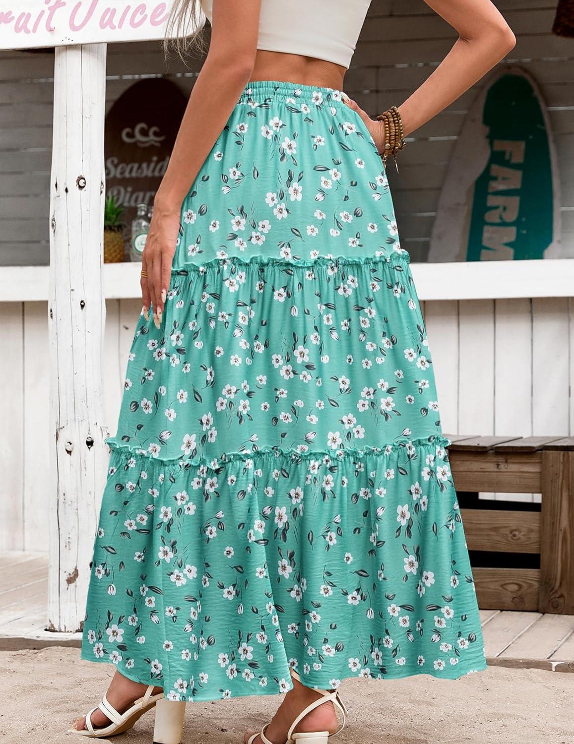 imageZeagoo Womens Casual Maxi Skirts for Women 2025 High Waist Boho Skirts Floral Printed Long Flowy Skirt with PocketsGreenfloralprinted