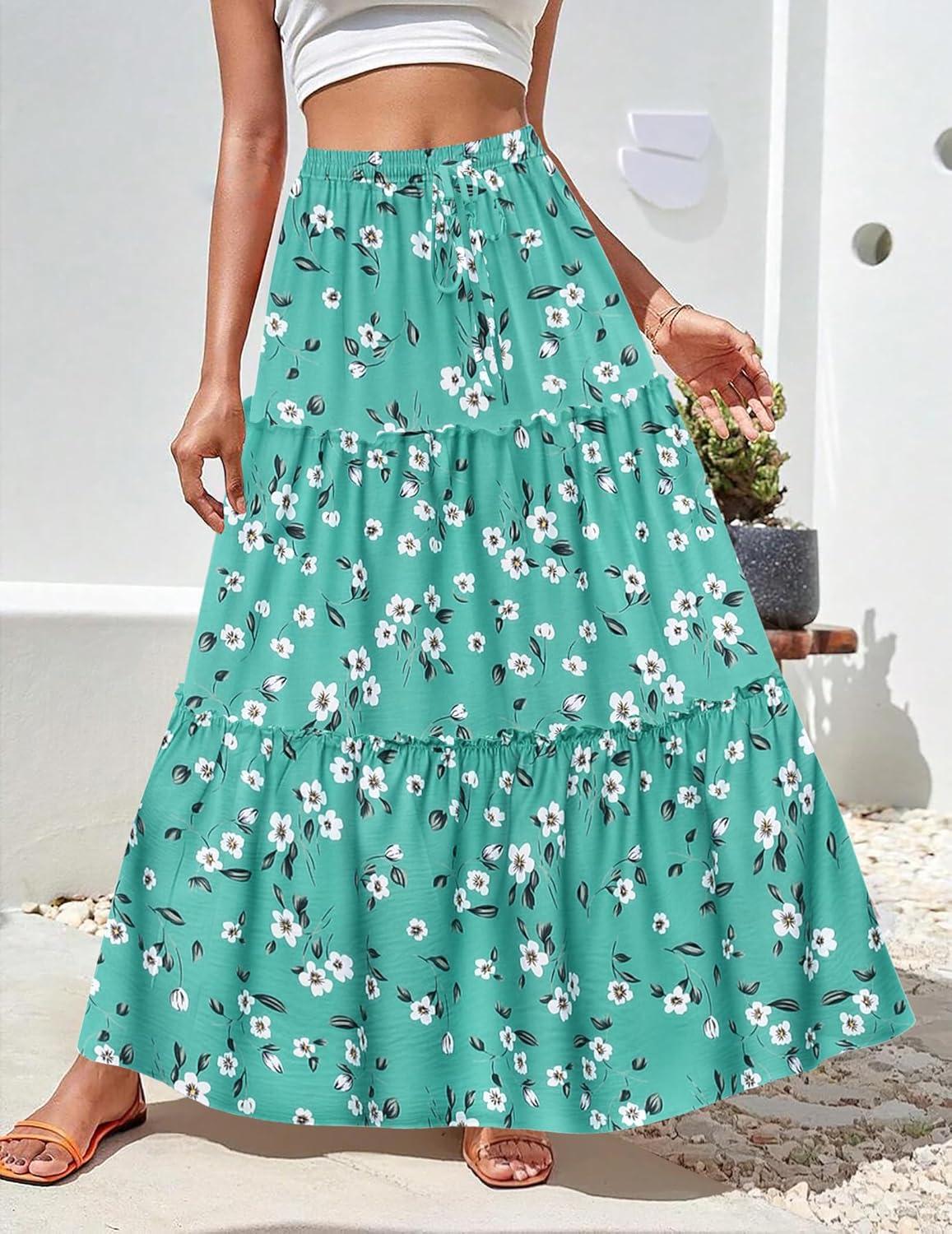 imageZeagoo Womens Casual Maxi Skirts for Women 2025 High Waist Boho Skirts Floral Printed Long Flowy Skirt with PocketsGreenfloralprinted