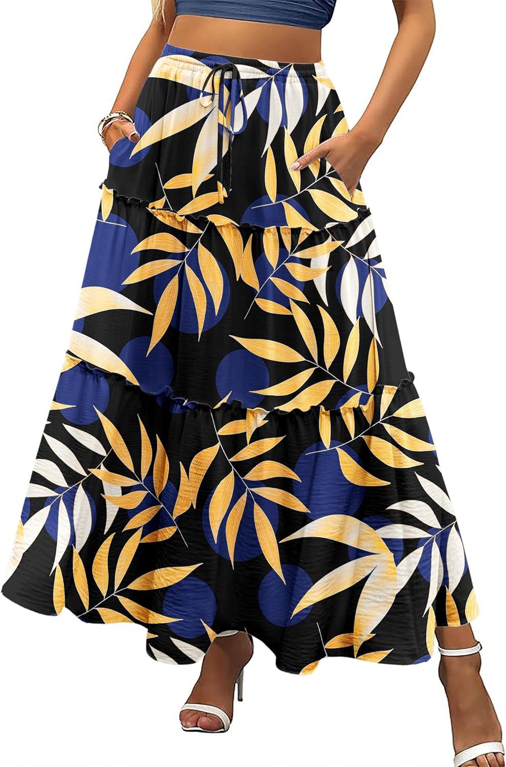 imageZeagoo Womens Casual Maxi Skirts for Women 2025 High Waist Boho Skirts Floral Printed Long Flowy Skirt with PocketsLeafprinted