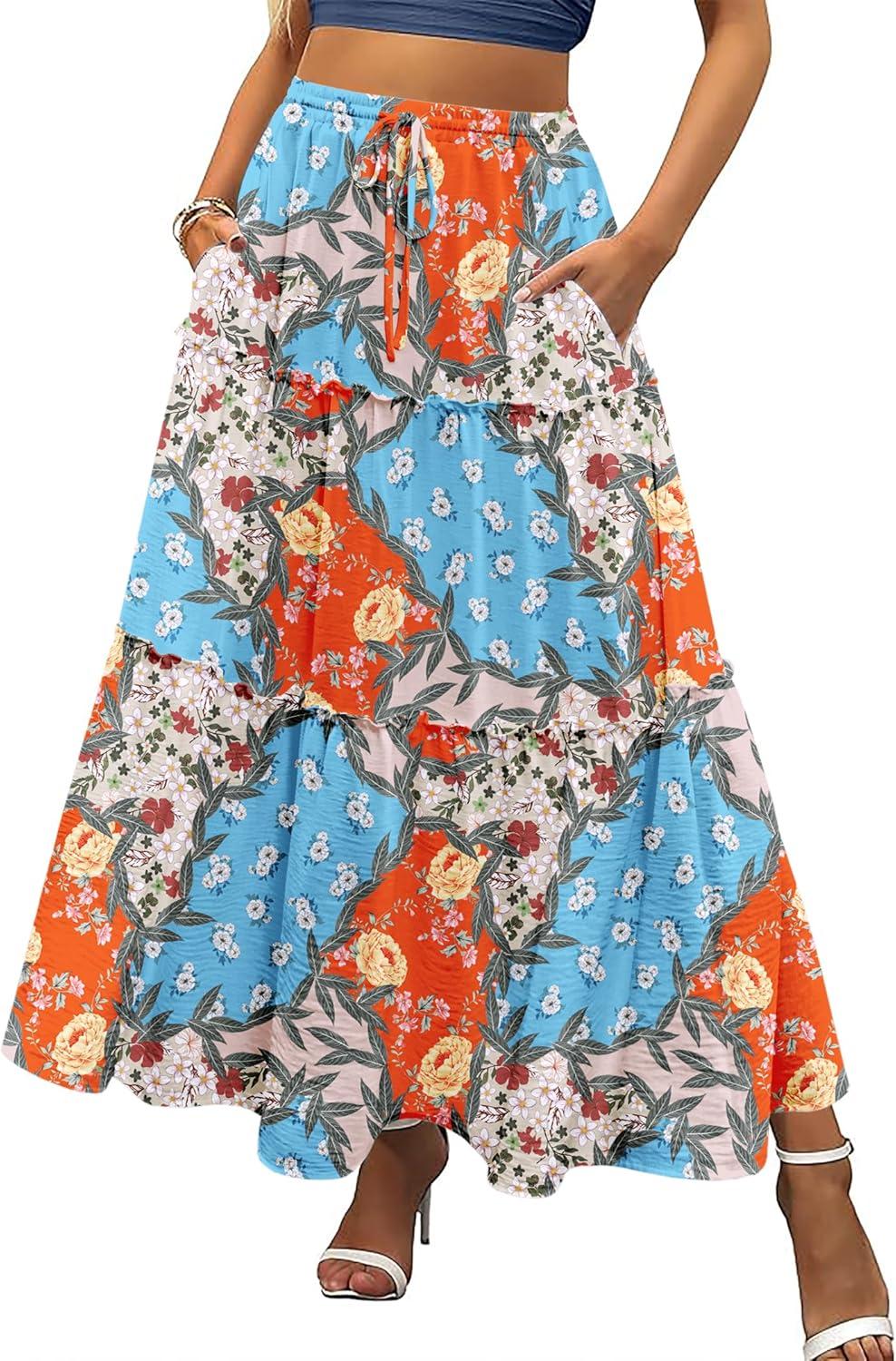 imageZeagoo Womens Casual Maxi Skirts for Women 2025 High Waist Boho Skirts Floral Printed Long Flowy Skirt with PocketsMulticolor03