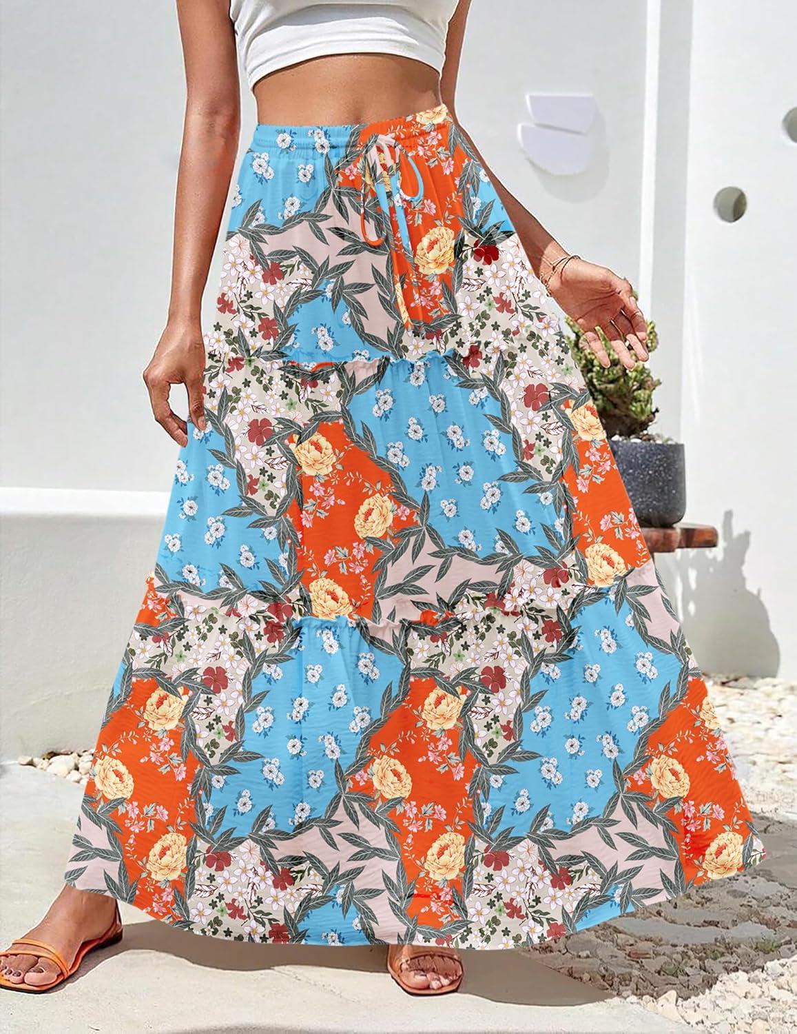 imageZeagoo Womens Casual Maxi Skirts for Women 2025 High Waist Boho Skirts Floral Printed Long Flowy Skirt with PocketsMulticolor03