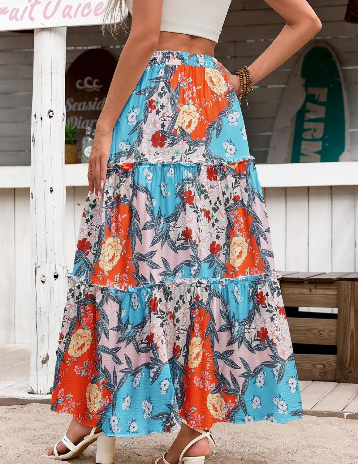 imageZeagoo Womens Casual Maxi Skirts for Women 2025 High Waist Boho Skirts Floral Printed Long Flowy Skirt with PocketsMulticolor03