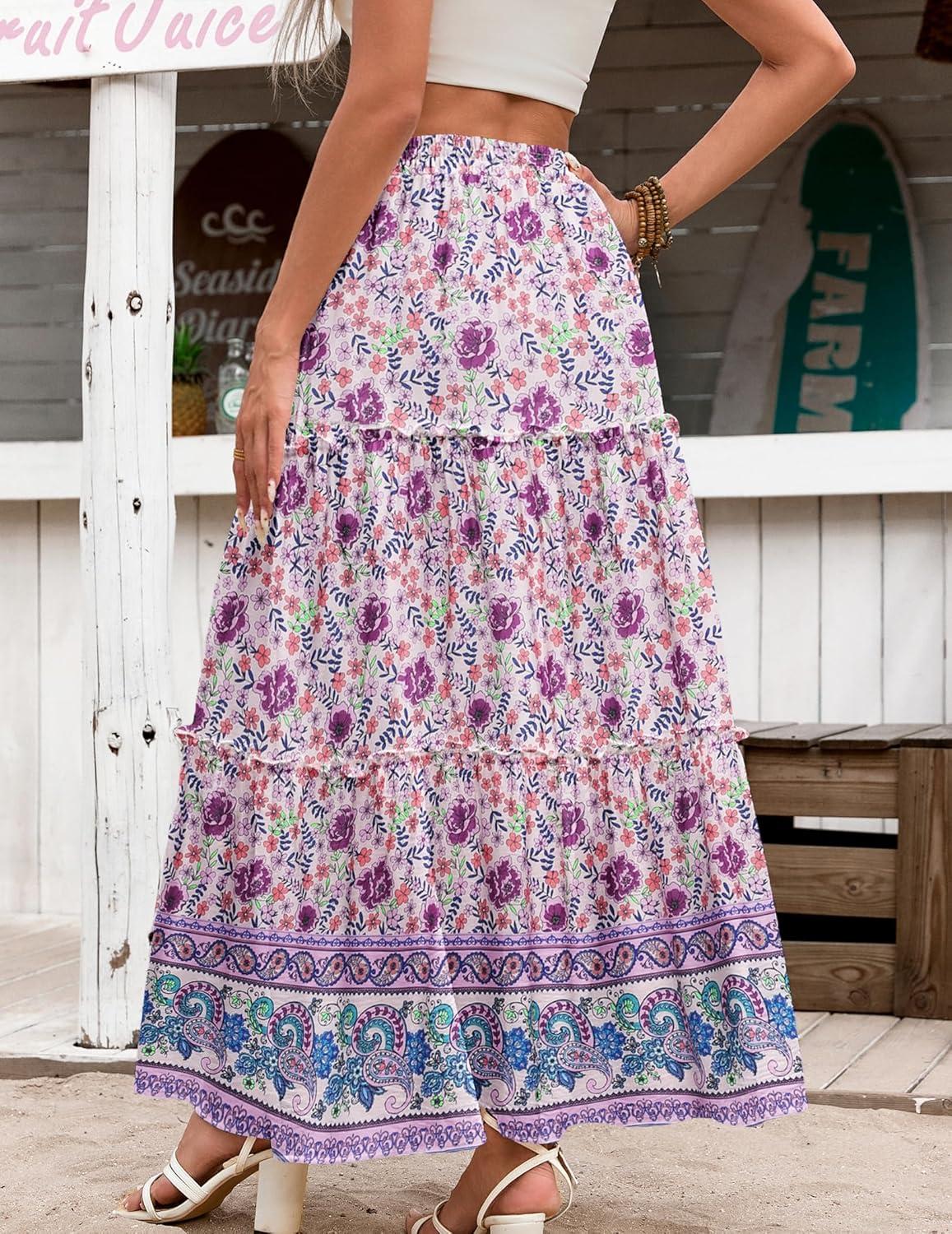 imageZeagoo Womens Casual Maxi Skirts for Women 2025 High Waist Boho Skirts Floral Printed Long Flowy Skirt with PocketsPurplefloral