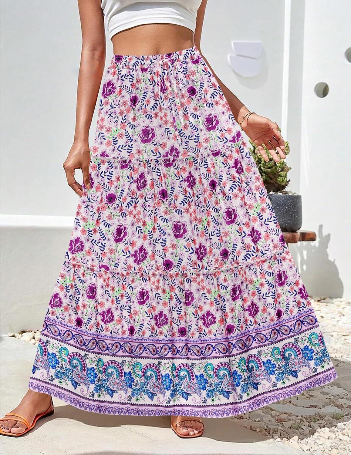 imageZeagoo Womens Casual Maxi Skirts for Women 2025 High Waist Boho Skirts Floral Printed Long Flowy Skirt with PocketsPurplefloral