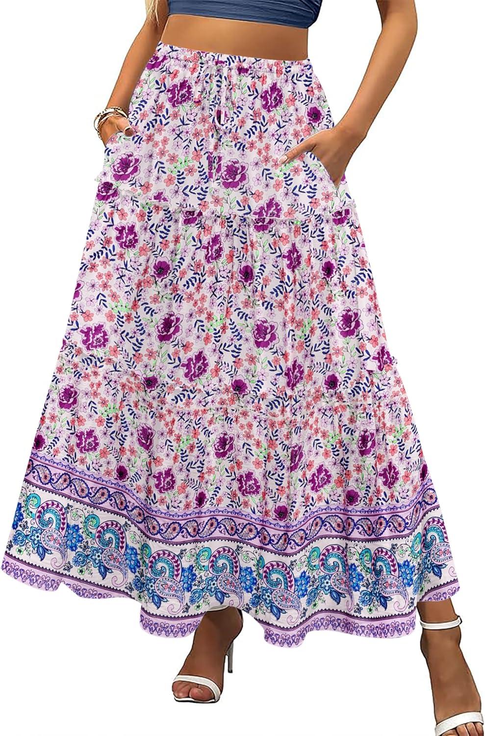imageZeagoo Womens Casual Maxi Skirts for Women 2025 High Waist Boho Skirts Floral Printed Long Flowy Skirt with PocketsPurplefloral